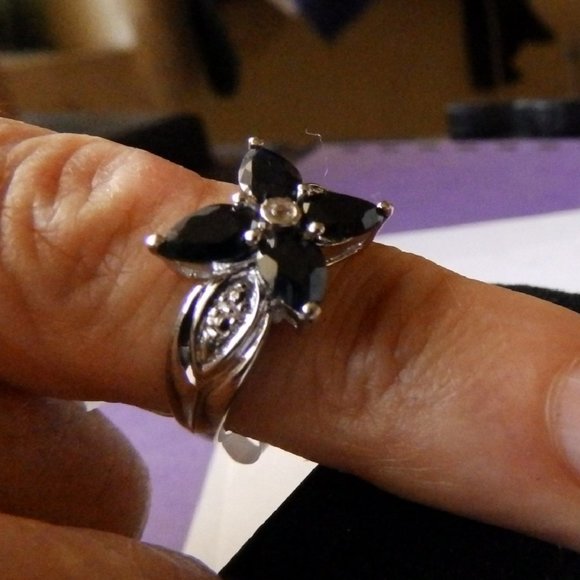 Natural Black Sapphires pear cut with topaz and sterling silver certified ring - Picture 4 of 7